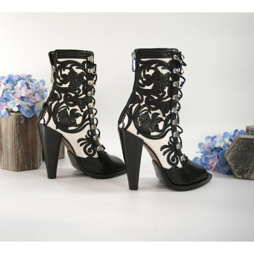 Balmain Floral Tooled Leather Lace Up Boots 37 - Picture 5 of 11